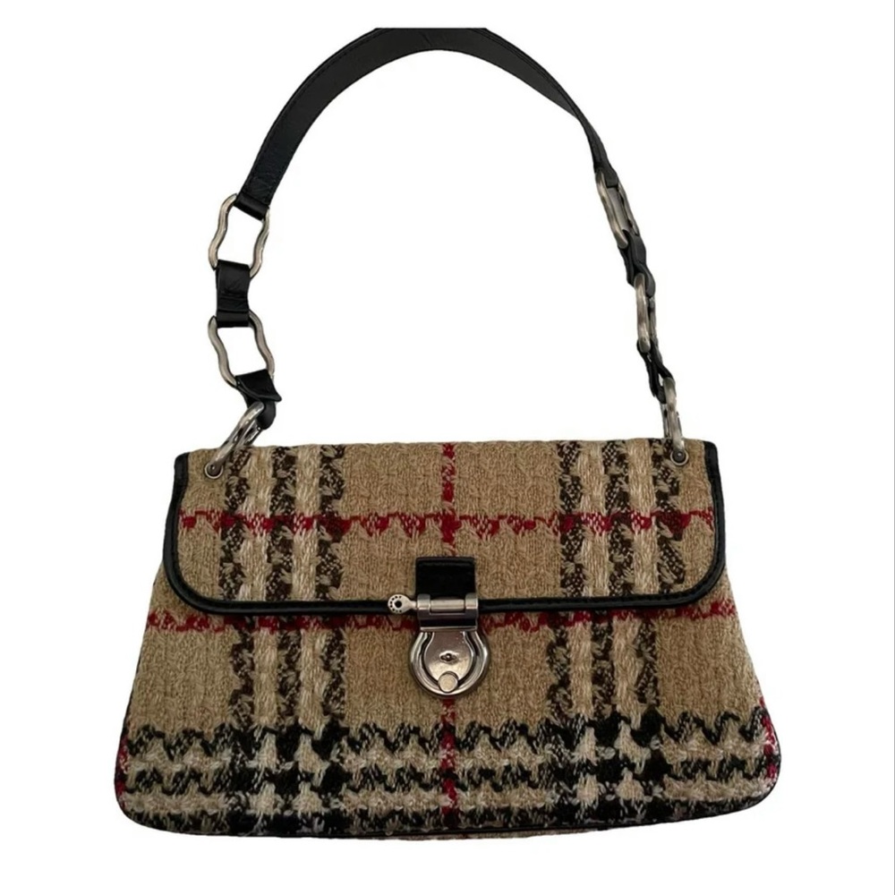 Vintage Burberry Plaid Shoulder Bag with Black Accents and Silver Hardware